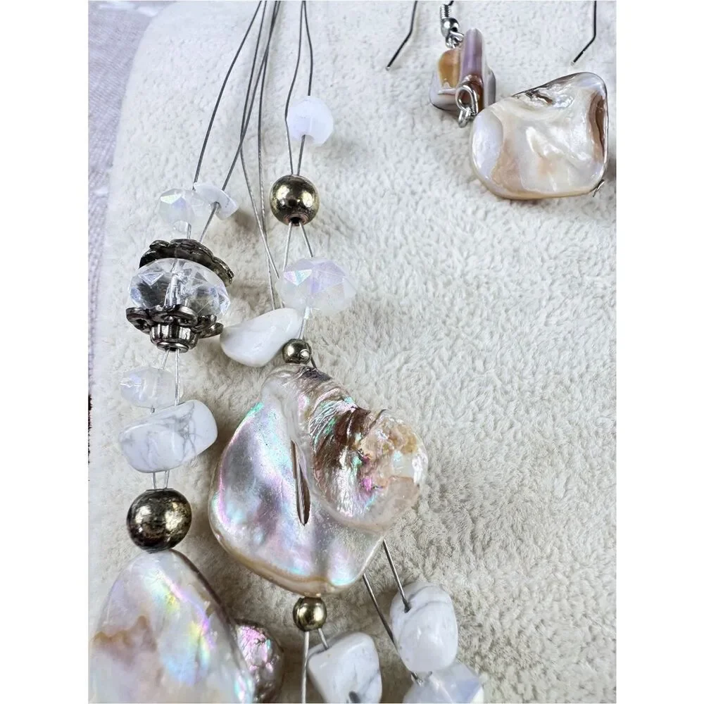 Vintage Mother Of Pearl Shell Multi-Strand Necklace with Earrings